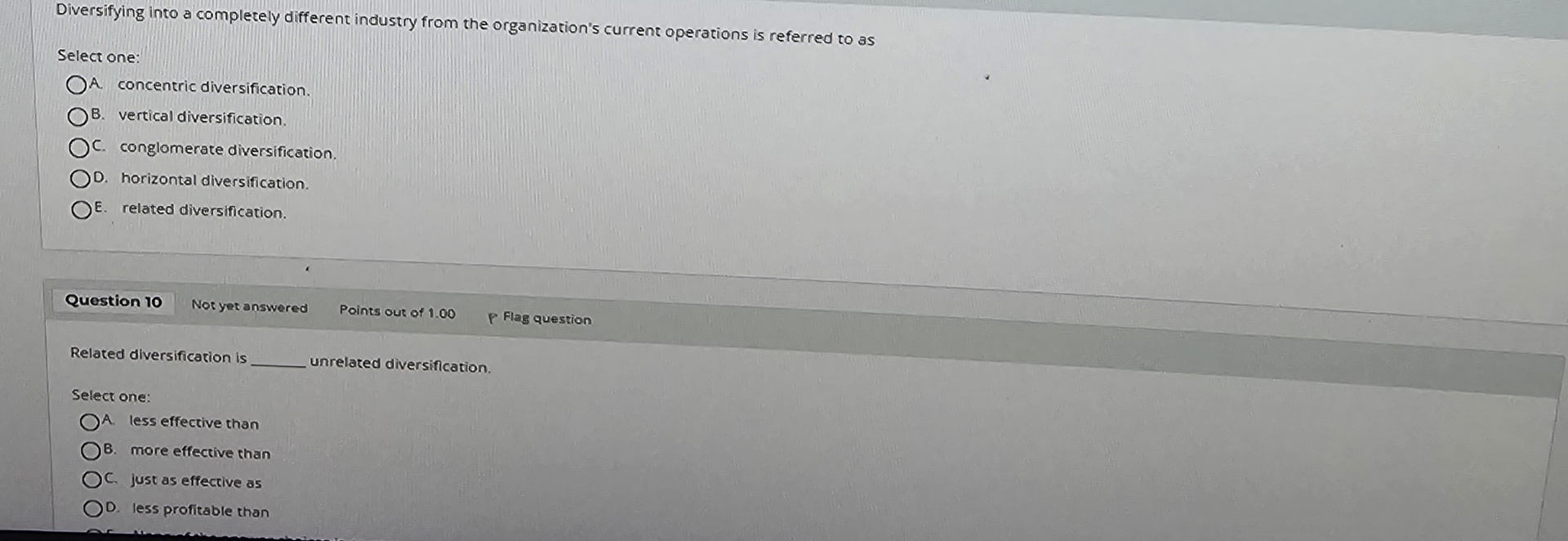  Diversifying into a completely different industry from the organization's current operations