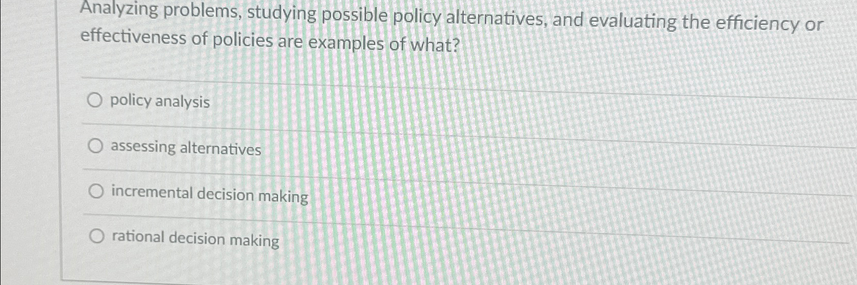  Analyzing problems, studying possible policy alternatives, and evaluating the efficiency or