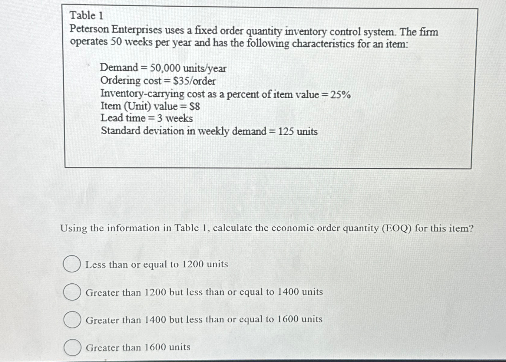  Table 1 Peterson Enterprises uses a fixed order quantity inventory control