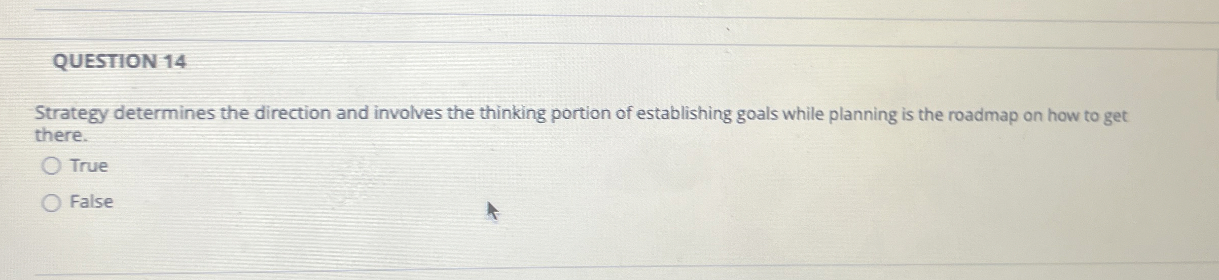  QUESTION 14 Strategy determines the direction and involves the thinking portion