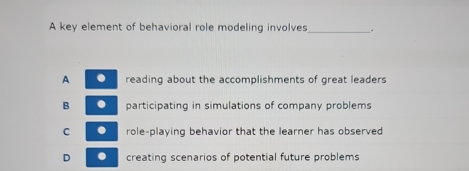  A key element of behavioral role modeling involves A reading about