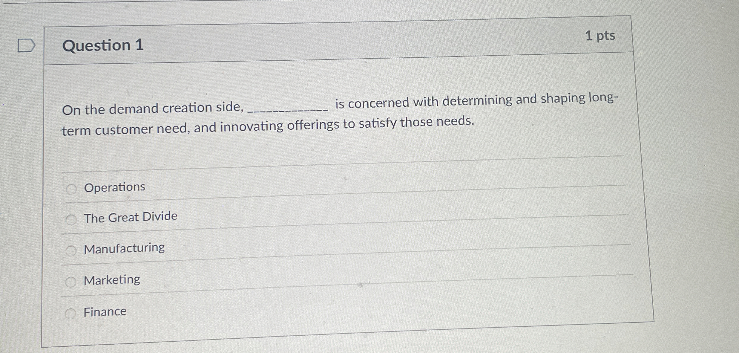  Question 1 1 pts On the demand creation side, is concerned