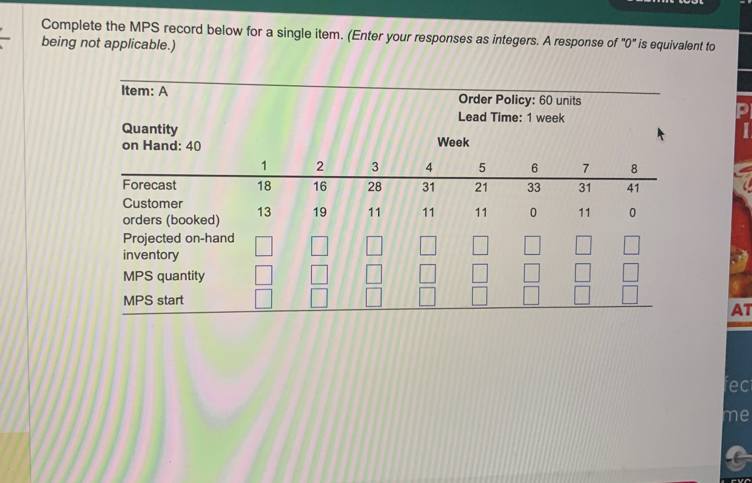 Complete the MPS record below for a single item. (Enter your