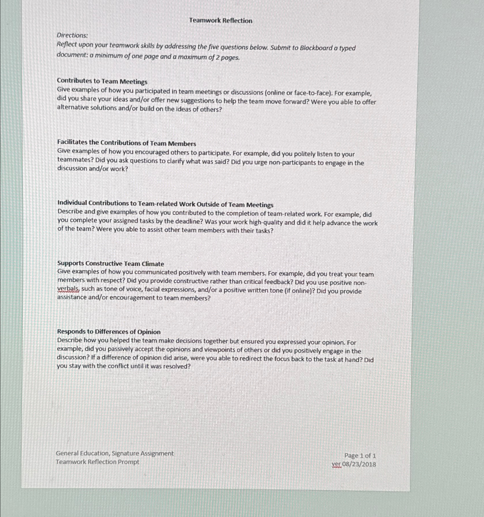  Teamwork Reflection Directions: Reflect upon your teamwork skills by addressing the