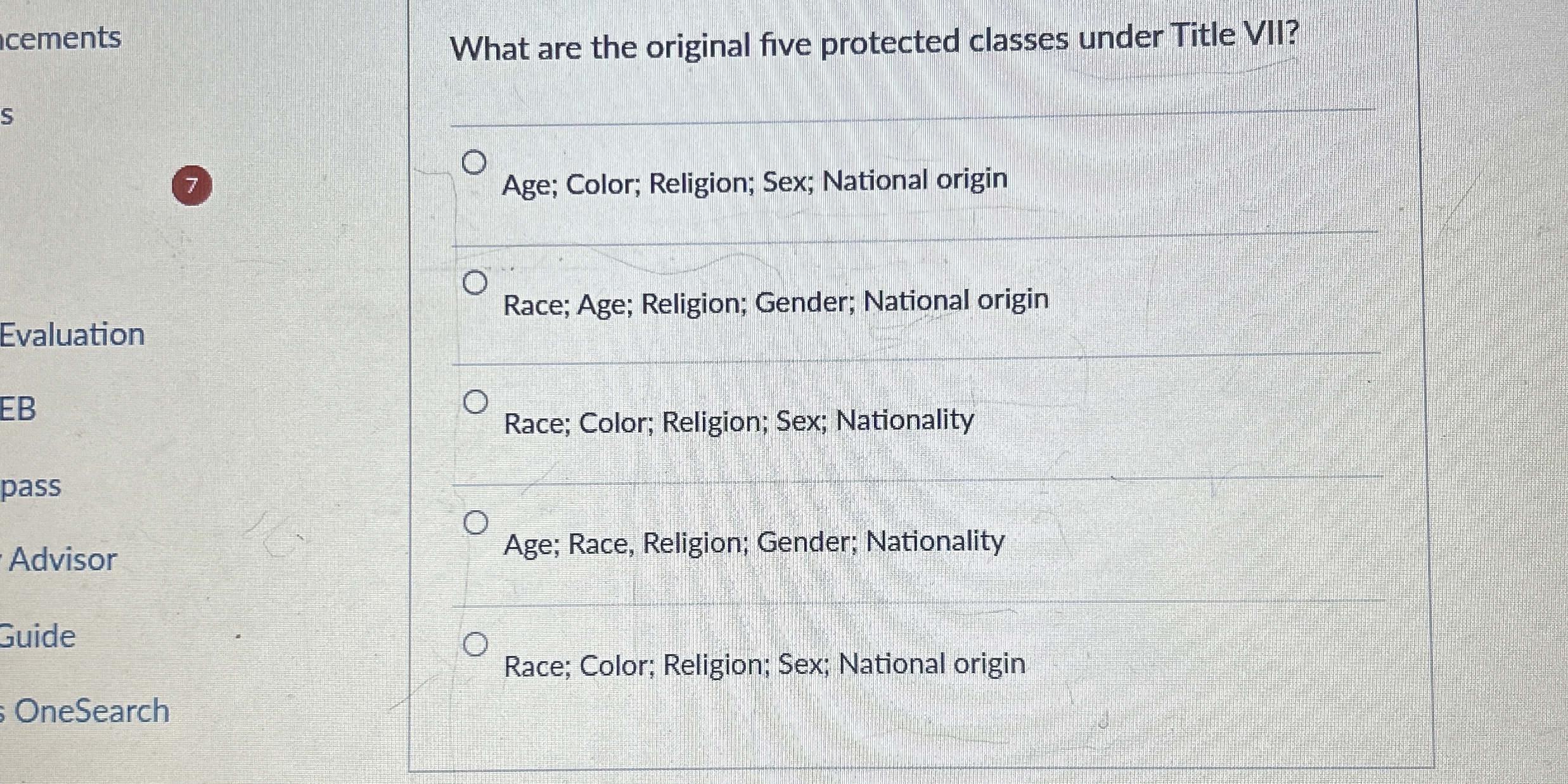  What are the original five protected classes under Title VII? Evaluation