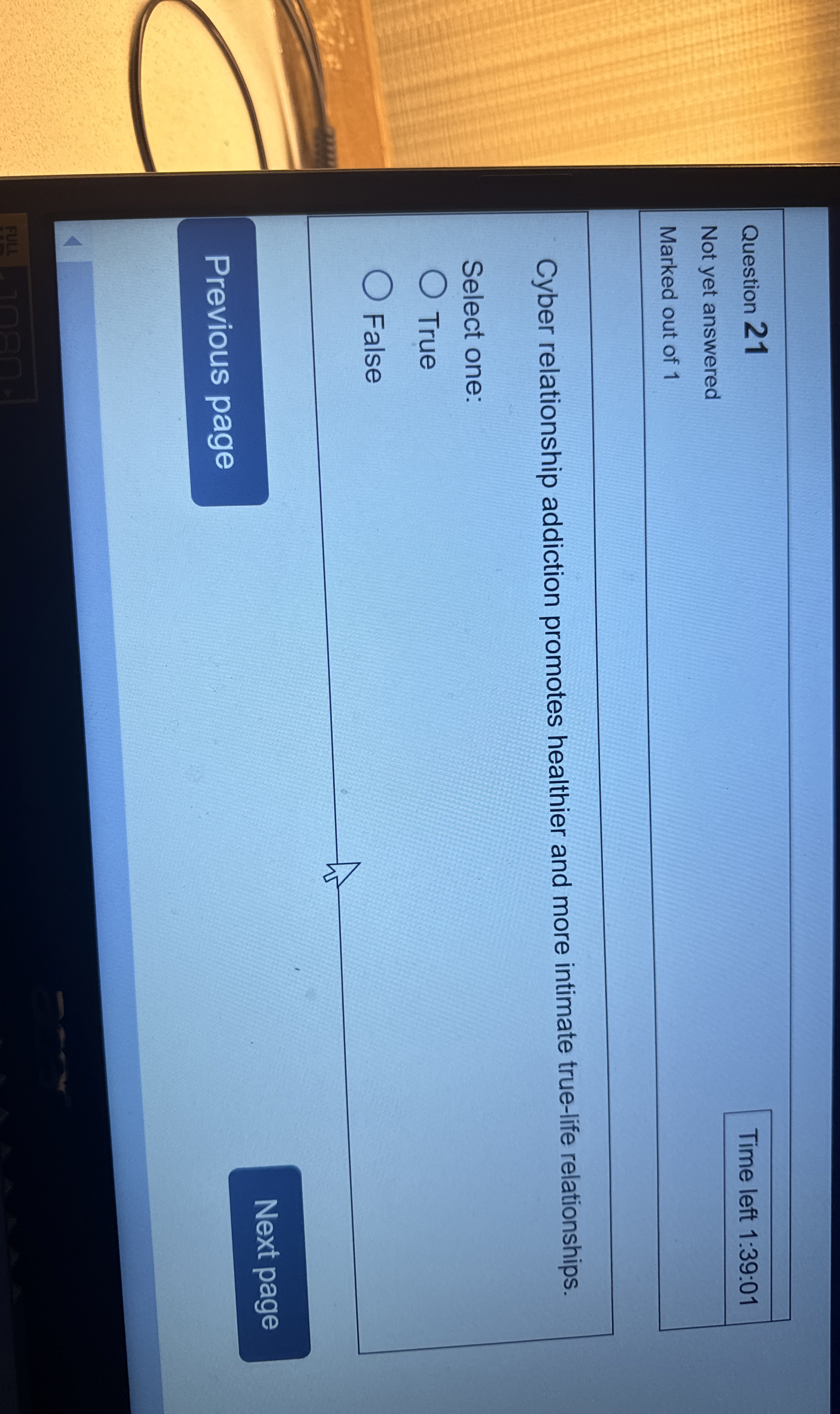  Question 21 Time left 1:39:01 Not yet answered Marked out of