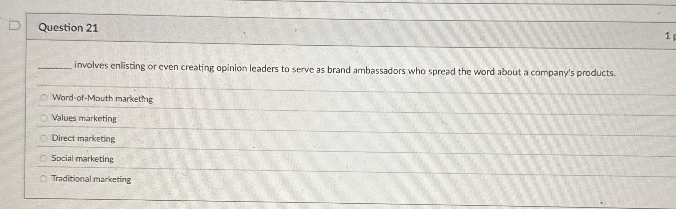  Question 21 involves enlisting or even creating opinion leaders to serve