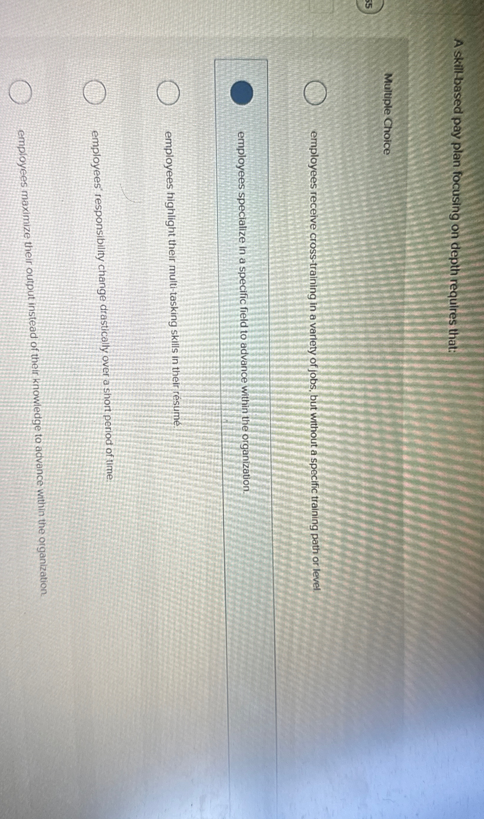  A skillbased pay plan focusing on depth requires that: Multiple Choice