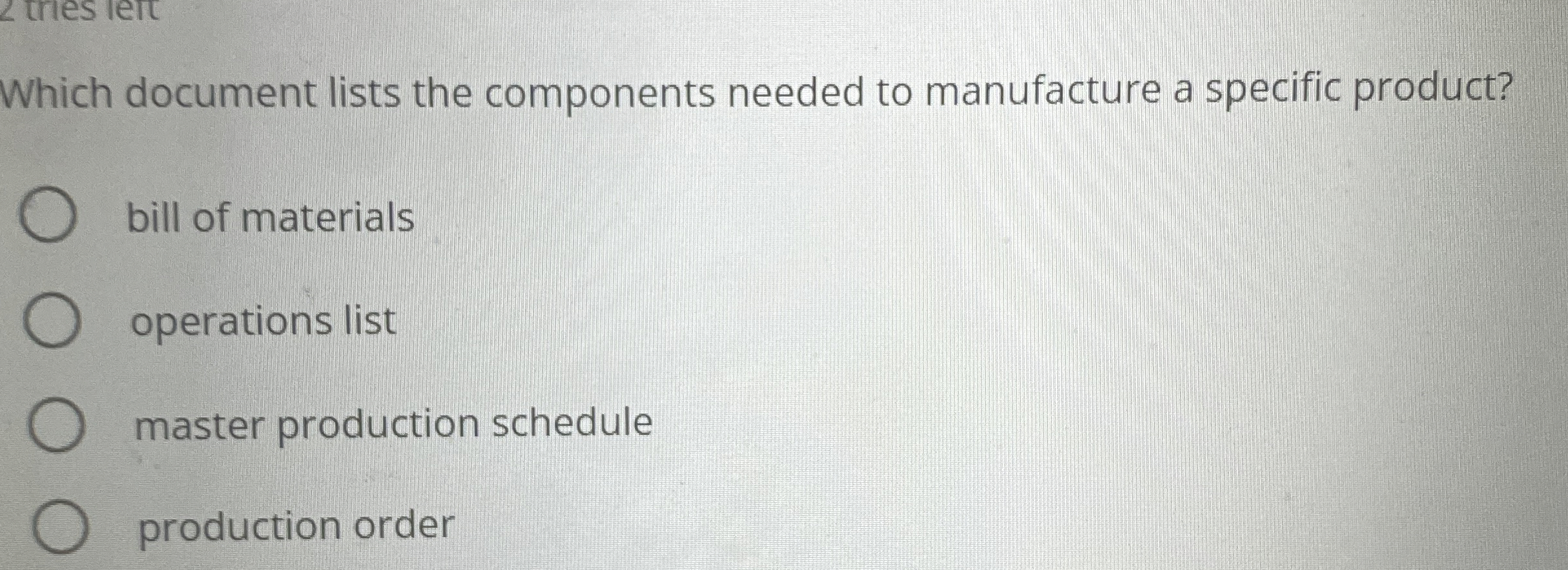  Which document lists the components needed to manufacture a specific product?