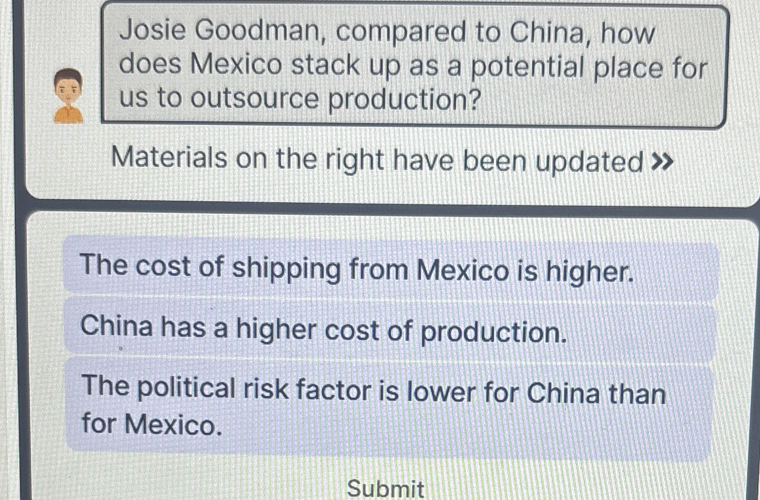 Josie Goodman, compared to China, how does Mexico stack up as