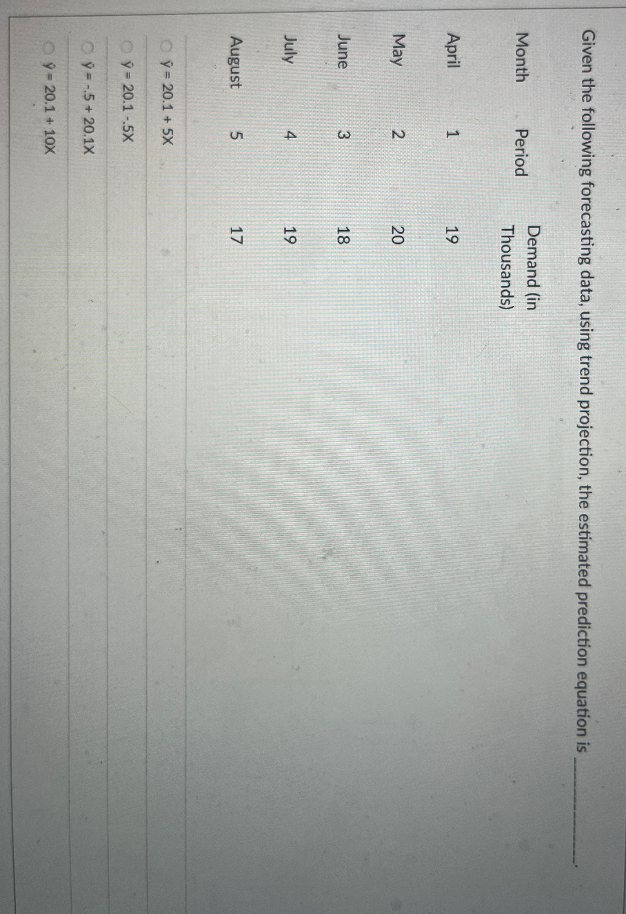 Given the following forecasting data, using trend projection, the estimated prediction