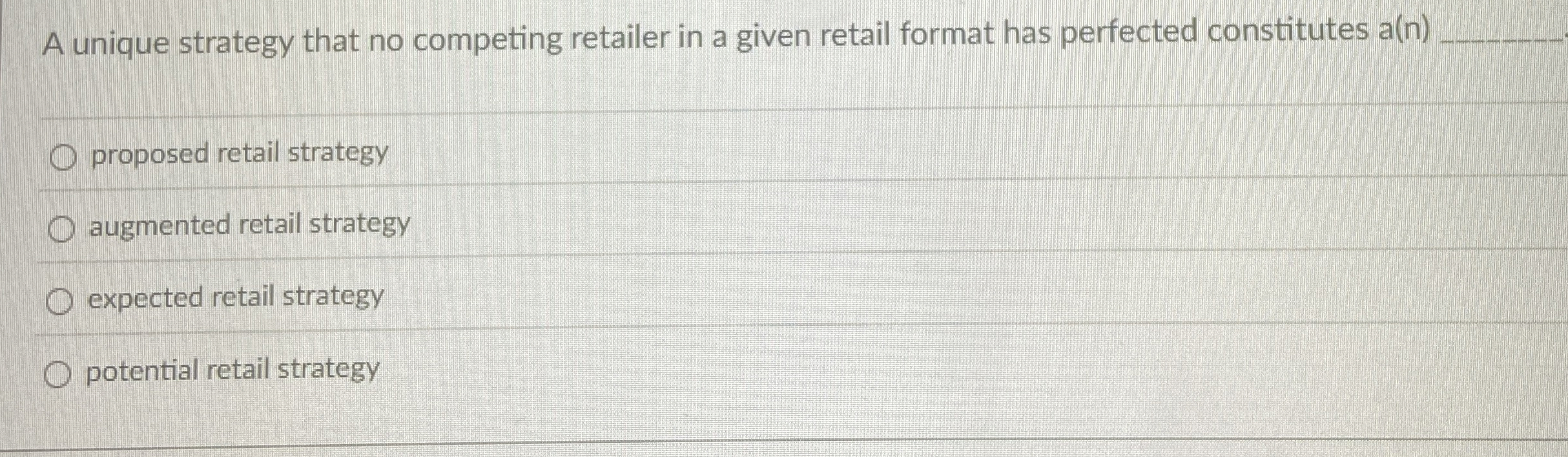  A unique strategy that no competing retailer in a given retail