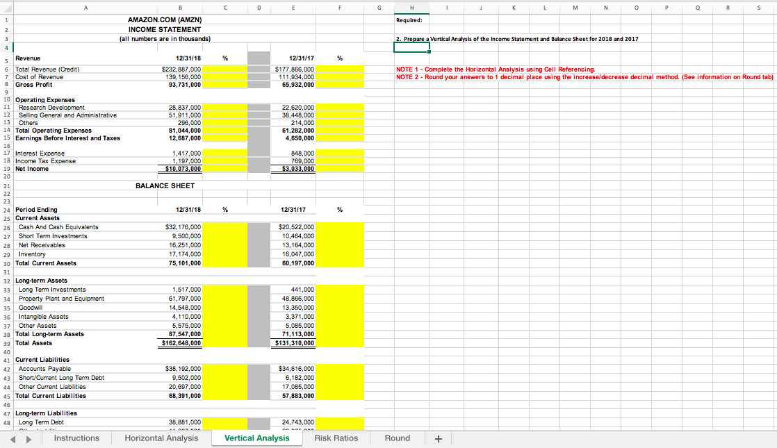 T U AMAZON.COM (AMZN) Required: INCOME STATEMENT 1. Prepare a Horizontal Analysis