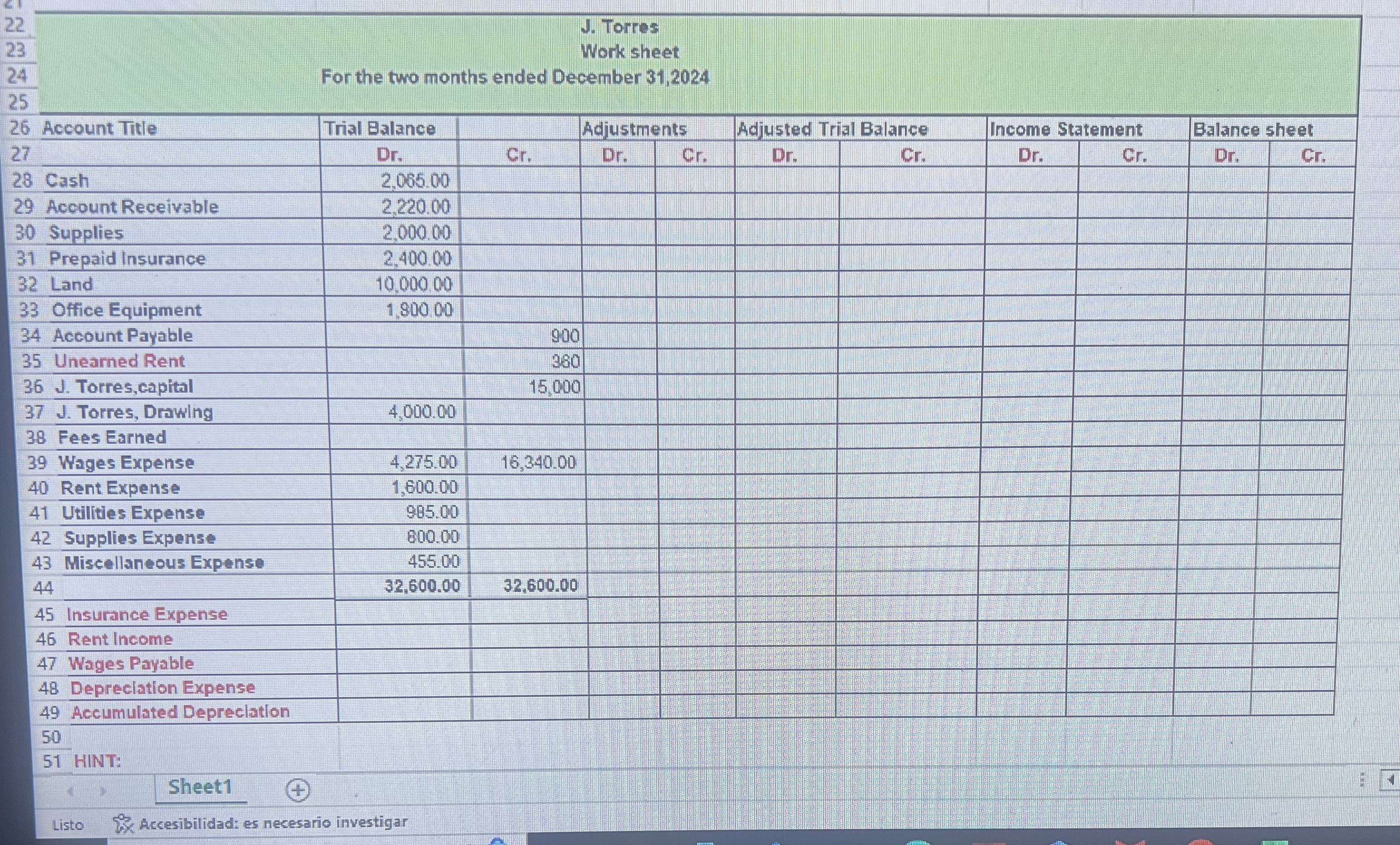 Para ser preparado en una hoja de trabajo (worksheet) en el programa