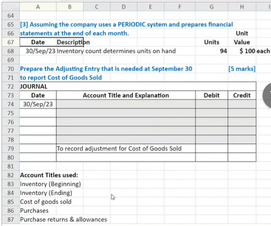 Description Units Value 6 1/Sep/23 Beginning Inventory 50 $ 100 each 7