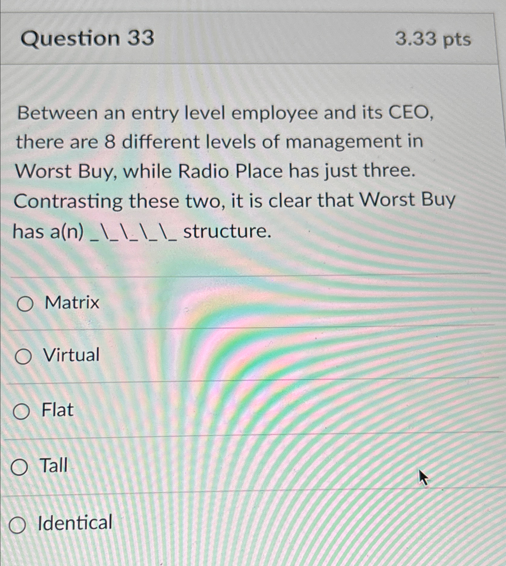  Question 33 3.33pts Between an entry level employee and its CEO,