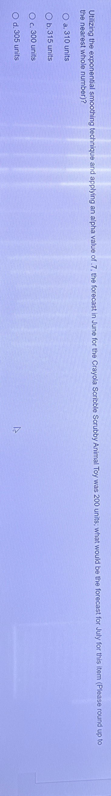  Utilizing the exponential smoothing technique and applying an alpha value of