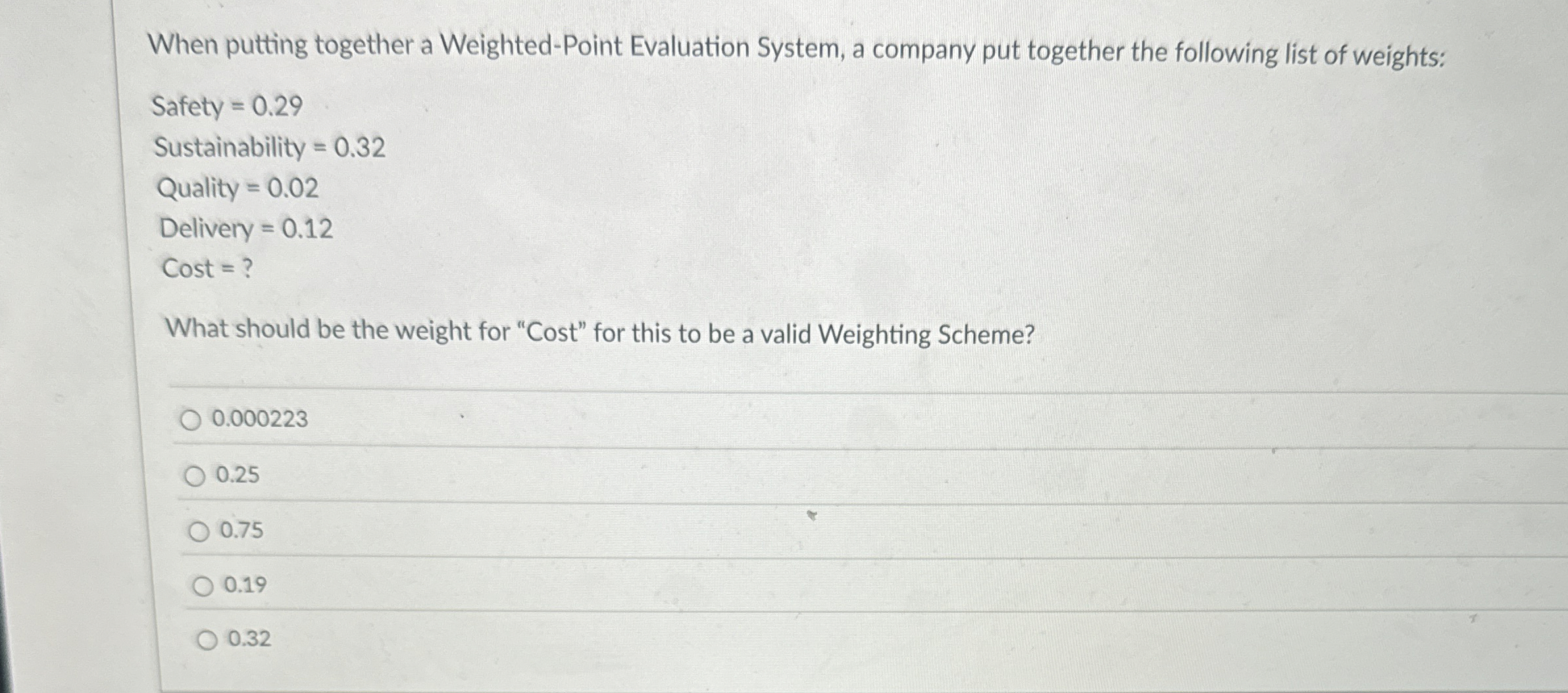  When putting together a Weighted-Point Evaluation System, a company put together