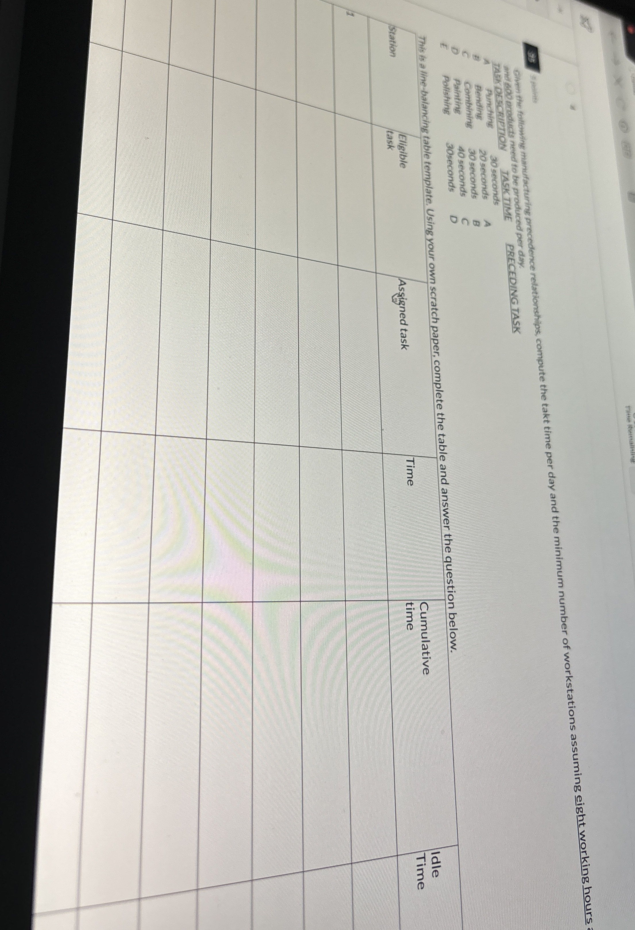  35 Cembints Onen the following thanufacturing precedence relationships, compute the takt