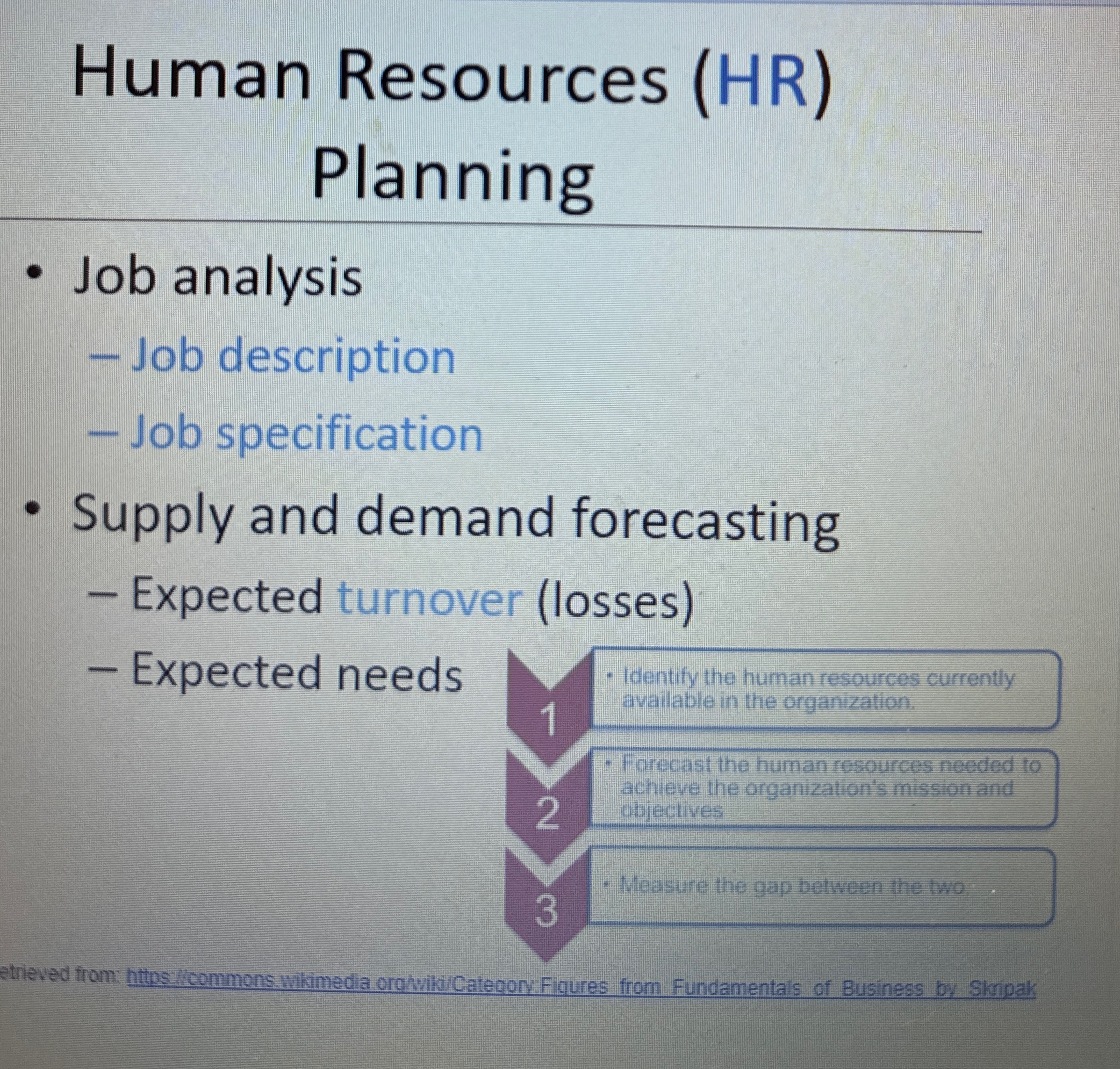  Human Resources (HR) Planning Job analysis Job description Job specification Supply