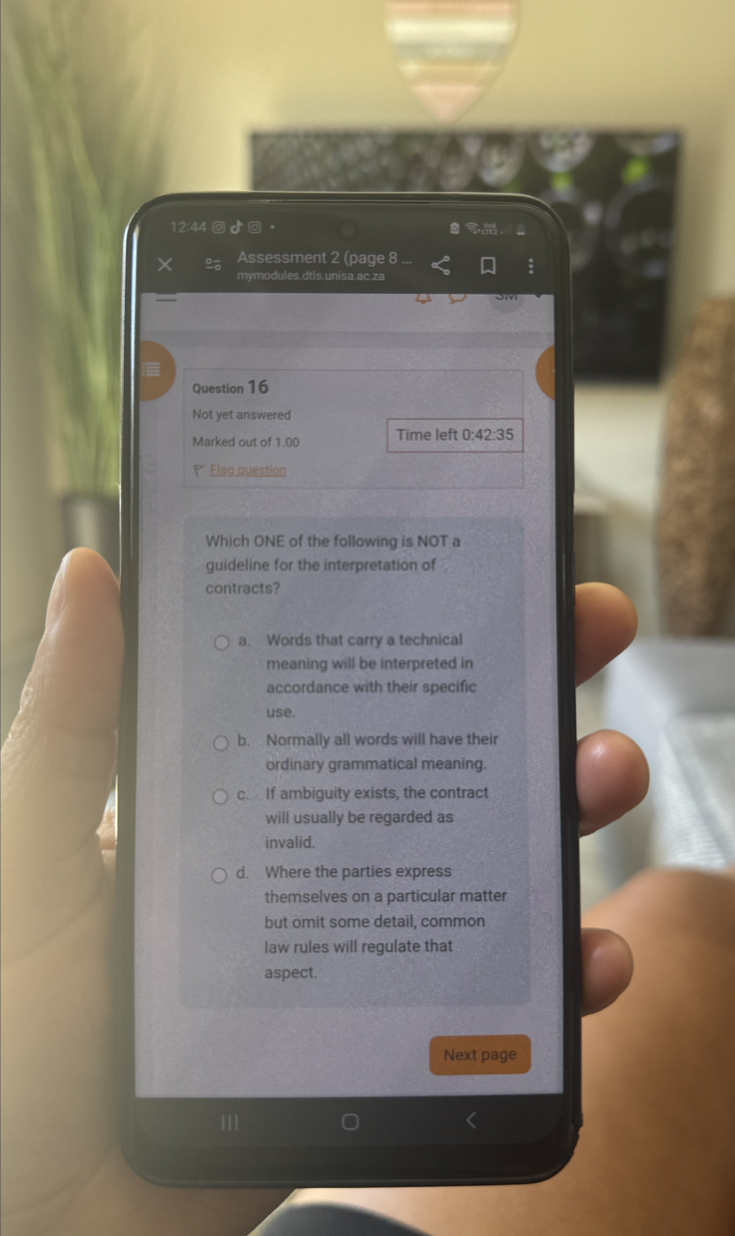  12:44 (a) (a) * :' Assessment 2(page 8... mymodules.dtls.unisa ac.za Question