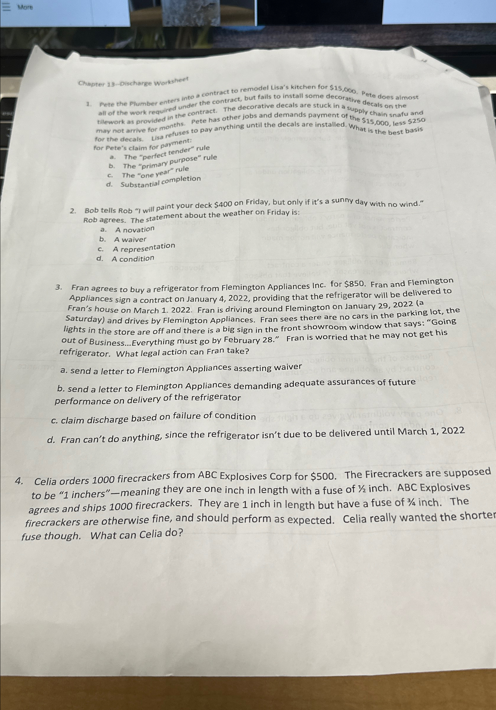  Mare Chapter 13-Discharge Worksheet Pete the Plumber enters into a contract