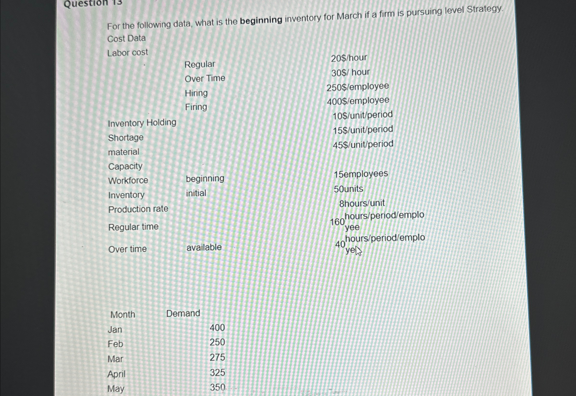  For the following data, what is the beginning inventory for March