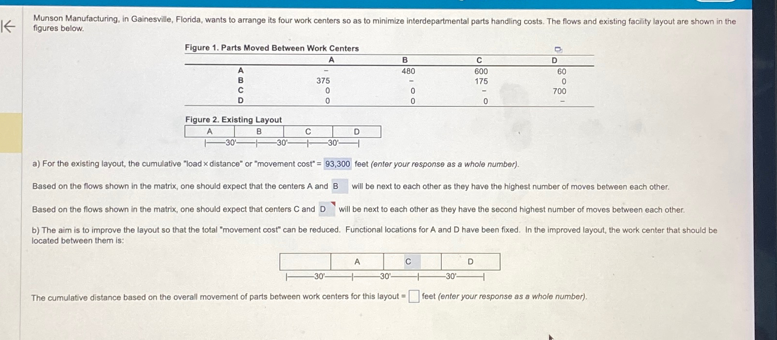  figures below. Figure 1. Parts Moved Between Work Centers \table[[,,,,],[A,B,C,D,],[A,-,480,600,60],[B,375,-,175,0],[C,0,0,-,700],[D,0,0,0,-]] Figure