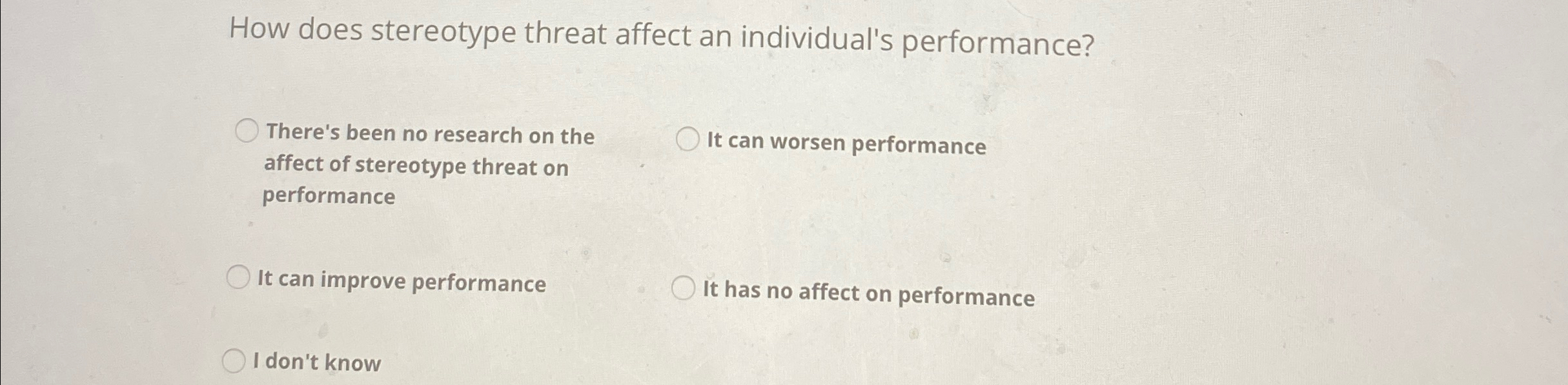  How does stereotype threat affect an individual's performance? There's been no