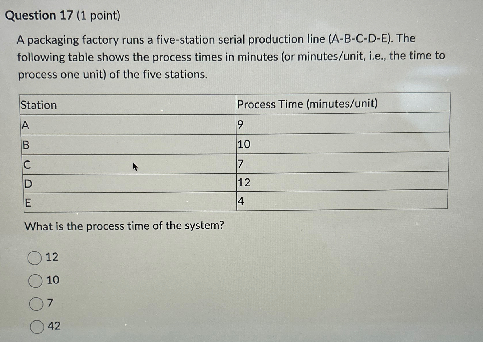  Question 17(1 point) A packaging factory runs a five-station serial production