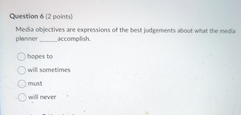  Question 6(2 points) Media objectives are expressions of the best judgements