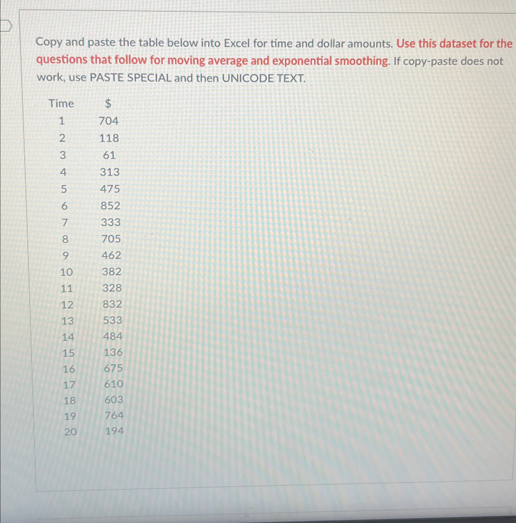  Copy and paste the table below into Excel for time and