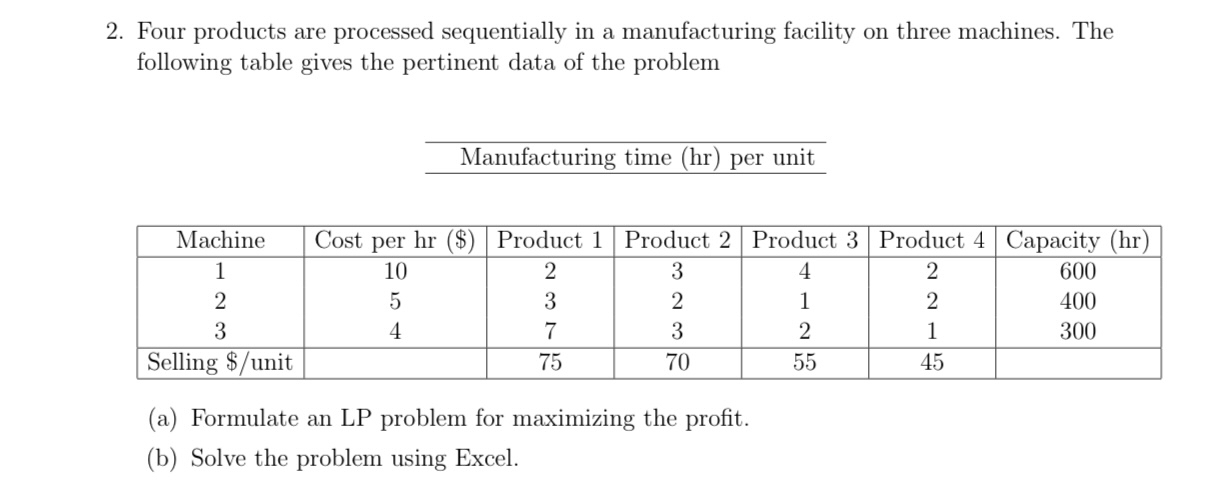  Four products are processed sequentially in a manufacturing facility on three
