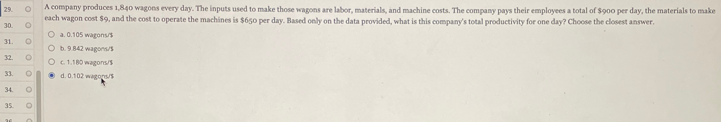  a.0.105 wagons/$ b.9.842 wagons/$ c.1.180 wagons/$ d.0.102 wagons/$ 