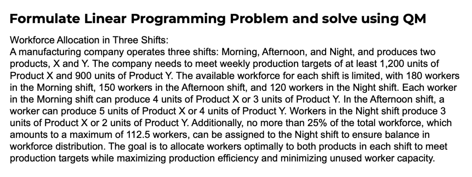  Formulate Linear Programming Problem and solve using QM Workforce Allocation in