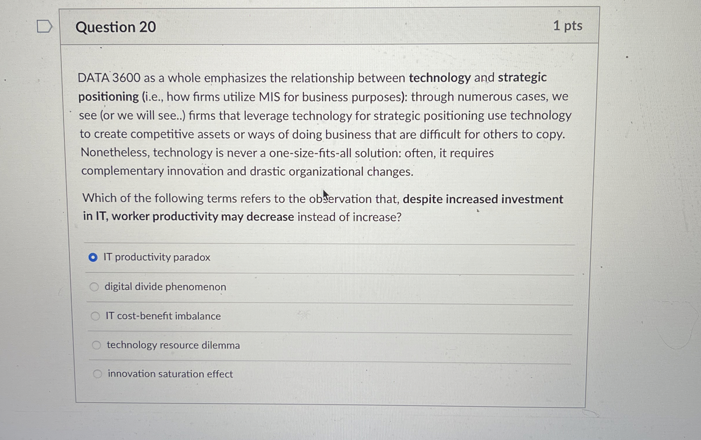  Question 20 1 pts DATA 3600 as a whole emphasizes the