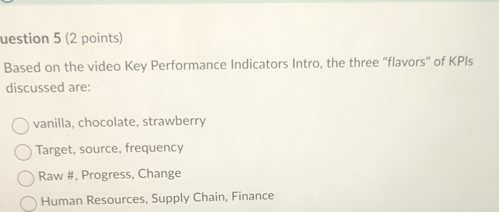  uestion 5(2 points) Based on the video Key Performance Indicators Intro,