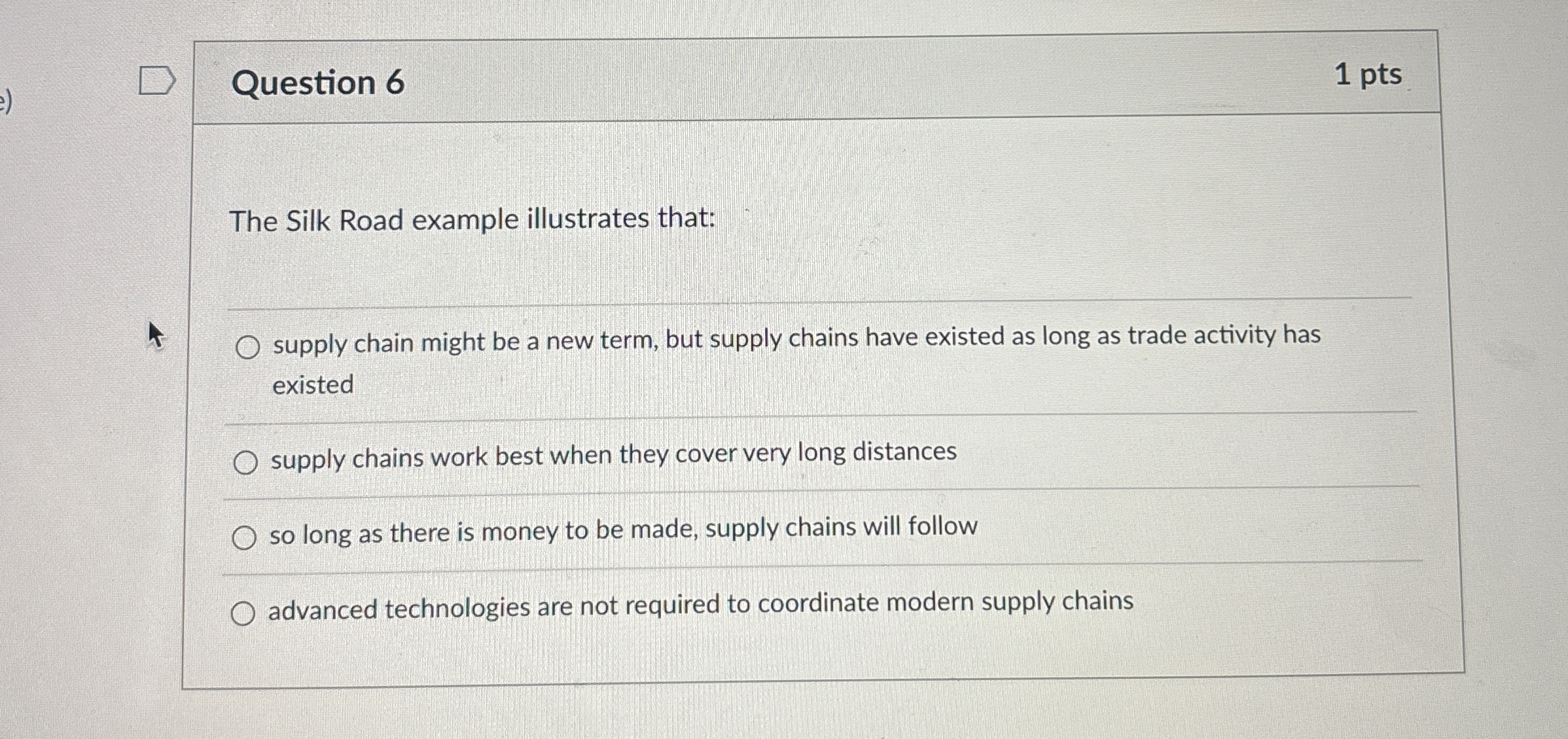  Question 6 1 pts The Silk Road example illustrates that: supply