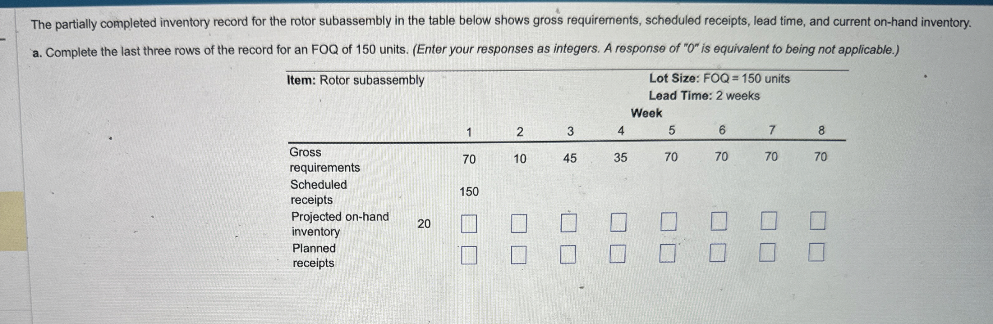  The partially completed inventory record for the rotor subassembly in the