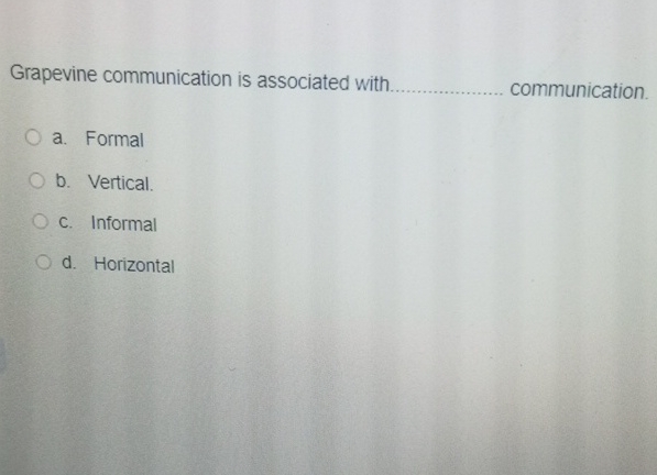  Grapevine communication is associated with q, communication. a. Formal b. Vertical.