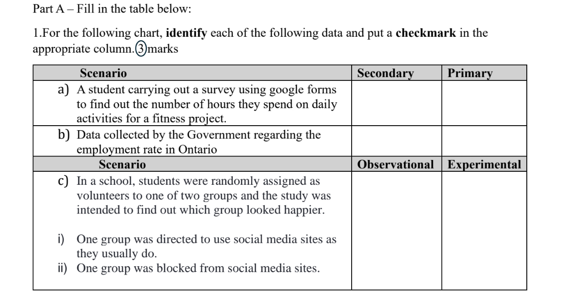  Part A - Fill in the table below: 1.For the following