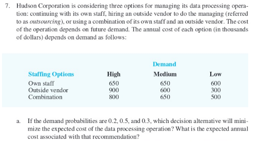  Hudson Corporation is considering three options for managing its data processing