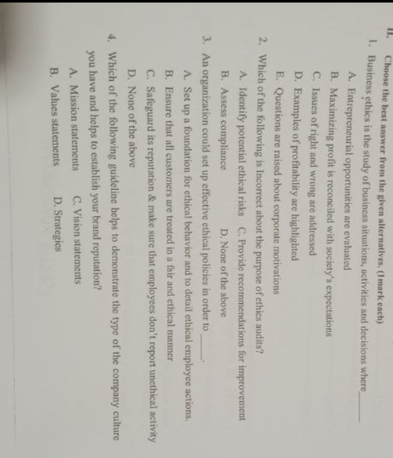  II. Choose the best answer from the given alternatives. (1 mark