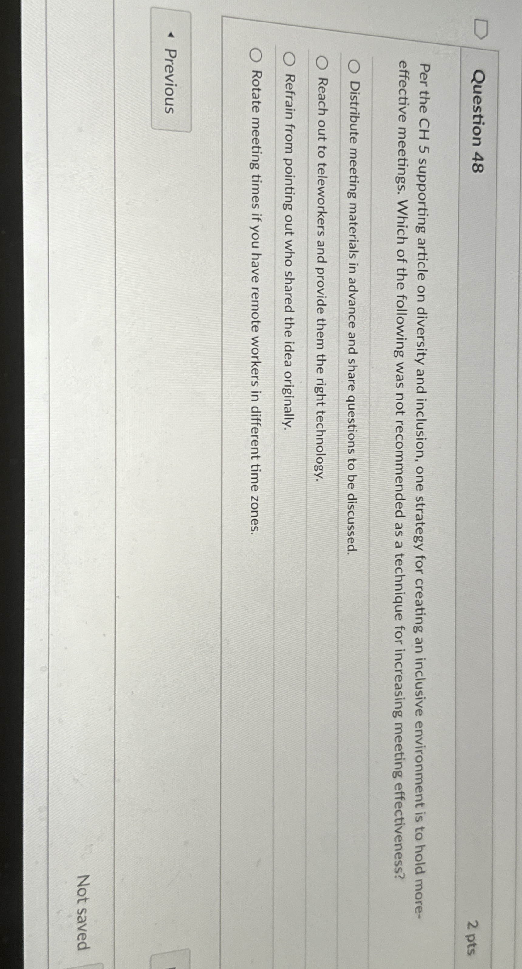 Question 48 Per the CH 5 supporting article on diversity and