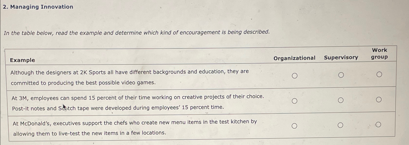  Managing Innovation In the table below, read the example and determine