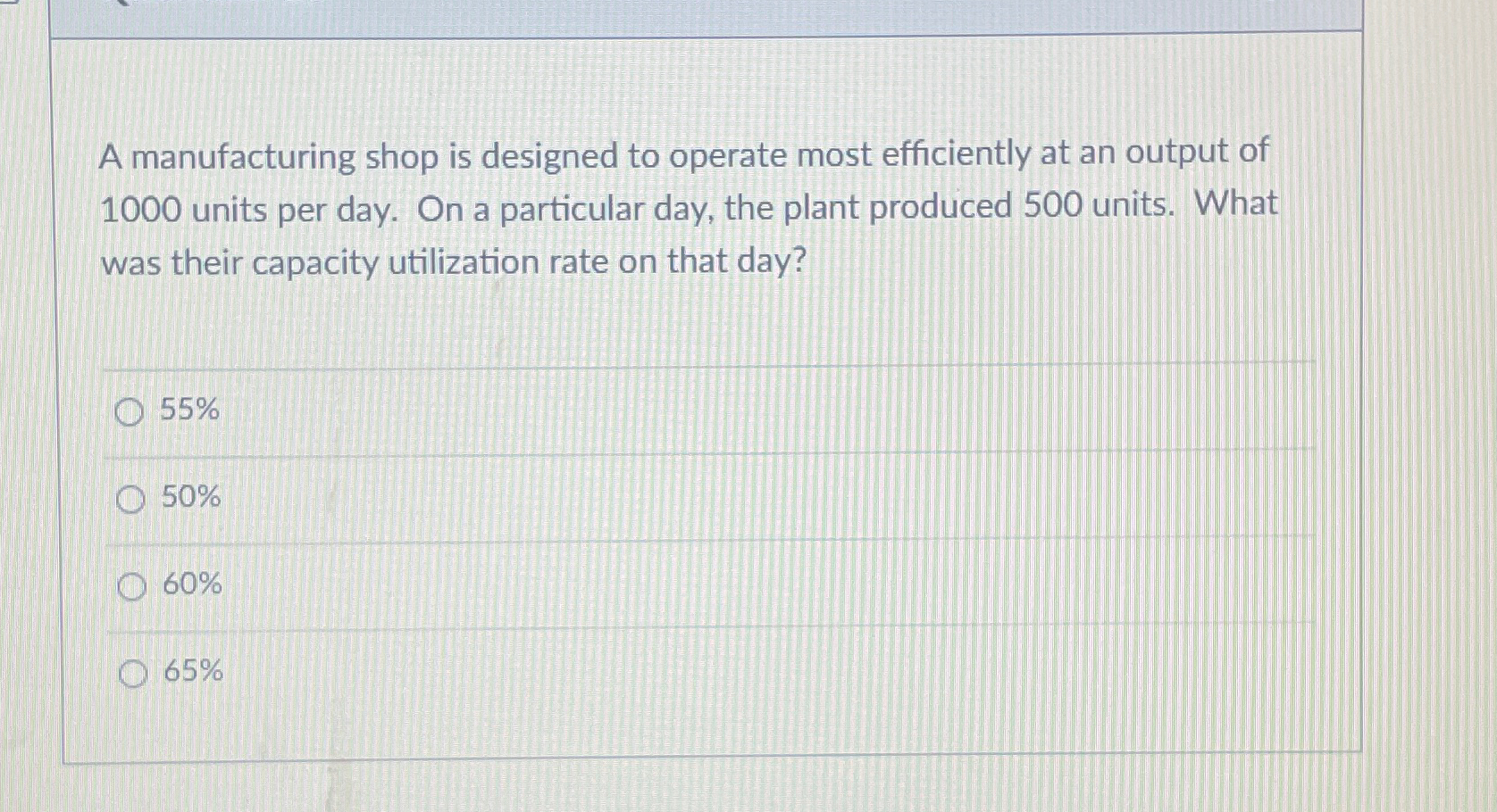  A manufacturing shop is designed to operate most efficiently at an