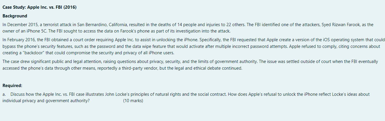  Case Study: Apple Inc. vs. FBI (2016) Background In December 2015,