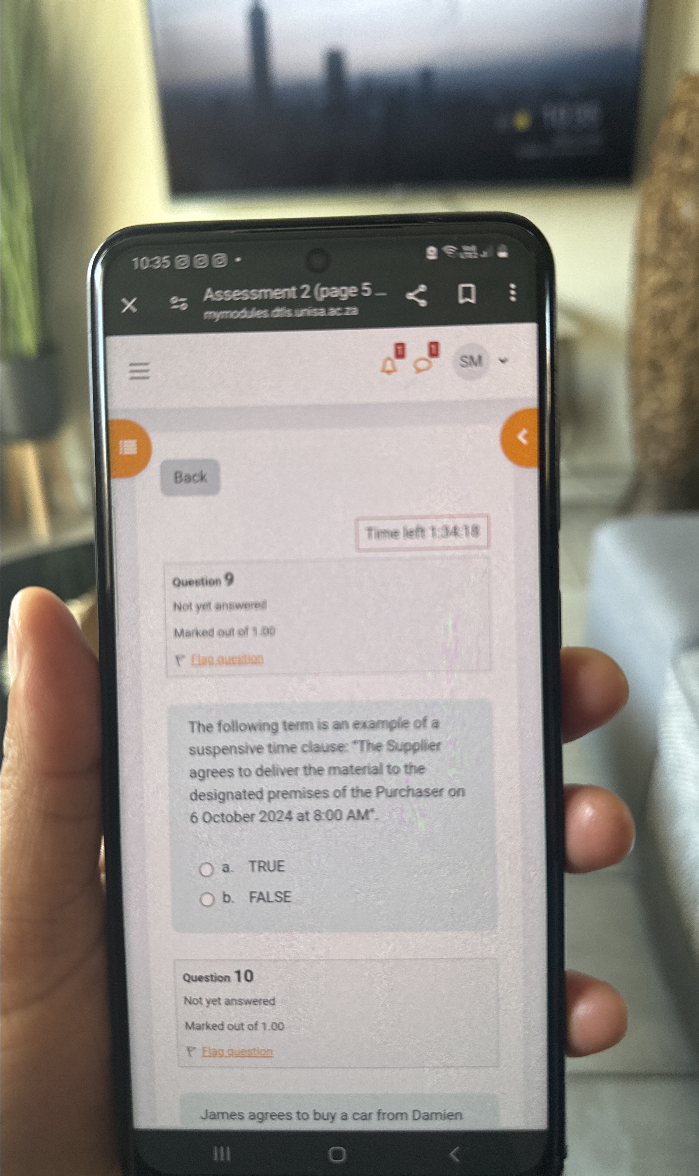  Back Time lett 1:34.18 Question 9 Not yet answered Marked out