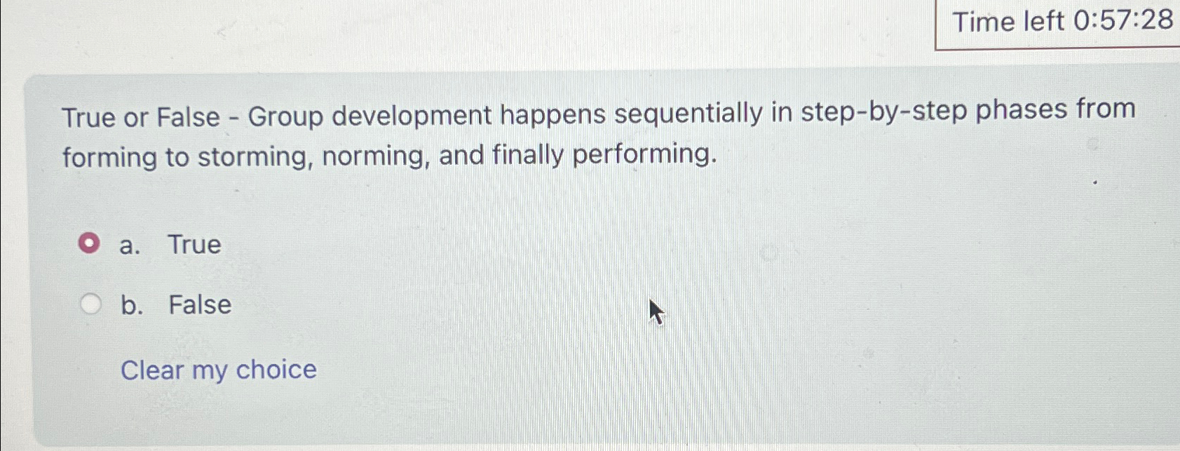  Time left 0:57:28 True or False - Group development happens sequentially