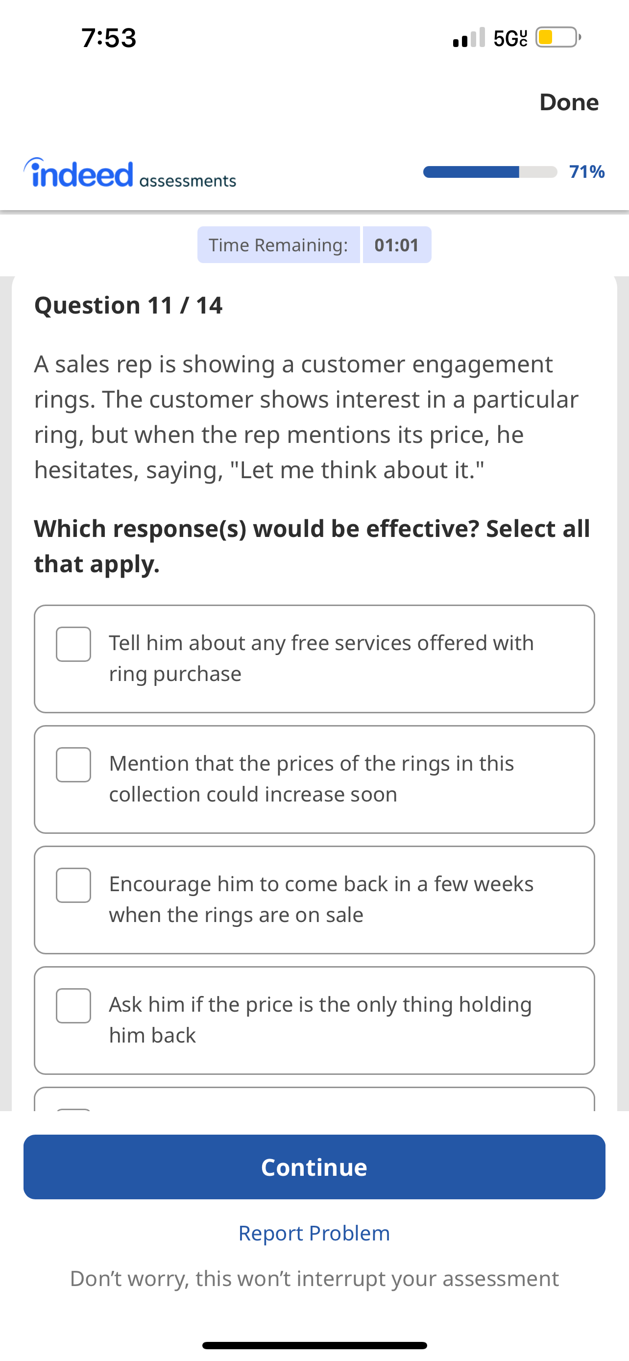  7:53 5G Done indeed ?assessments 71% Time Remaining: 01:01 Question 11/14